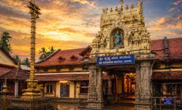 The intricate architecture of the Udupi Sri Krishna Temple.